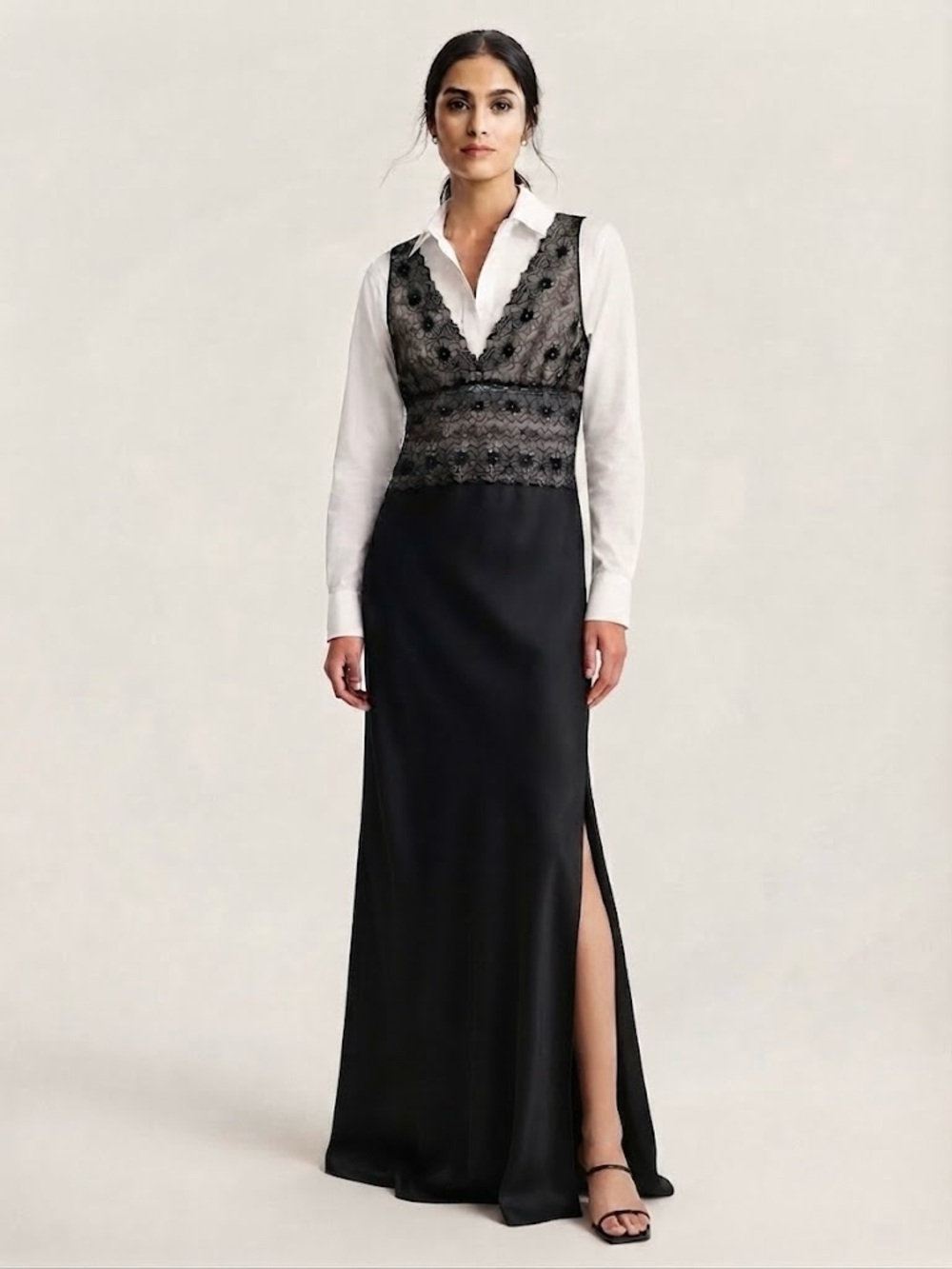 Vintage Nordstrom Lingerie Y2K Black Silk Lace Maxi Slip Dress Side Slit Size XL